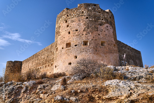 Stone walls of the Turkish castle of Aptera on the greek island of Crete