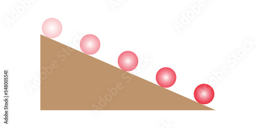 Ball on inclined plane. Newton's law of motion. Rolling balls down inclined planes. Scientific vector illustration isolated on white background.