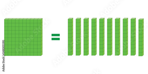Ten rod blocks equal one flat block. Flat is made of ten rods. Vector illustration.