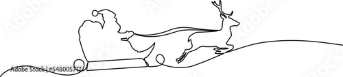 single line drawing of Santa Claus in sleigh pulled by reindeer, line art vector illustration