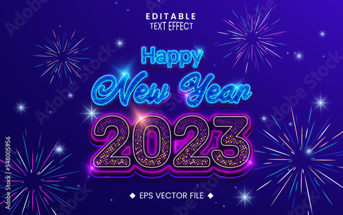 Happy new year 2023 editable neon text effect with colorful halftone sparkles, fireworks, stars