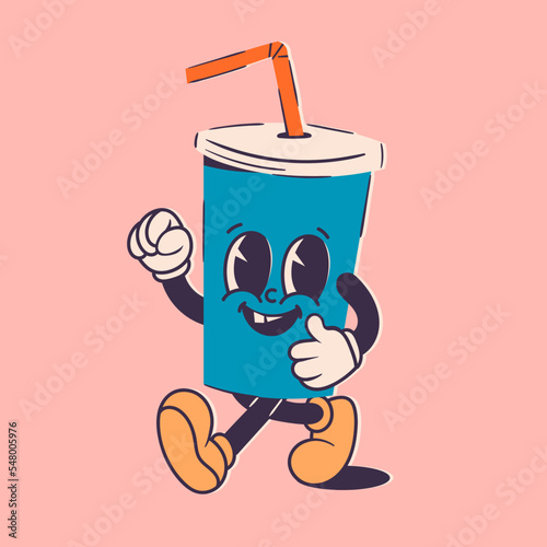 Paper cup for drinks with a straw. Fast food cup. Soft soda drink. Cute cartoon character with hands, legs, eyes. Retro comic style. Hand drawn isolated Vector illustration. Print, logo template