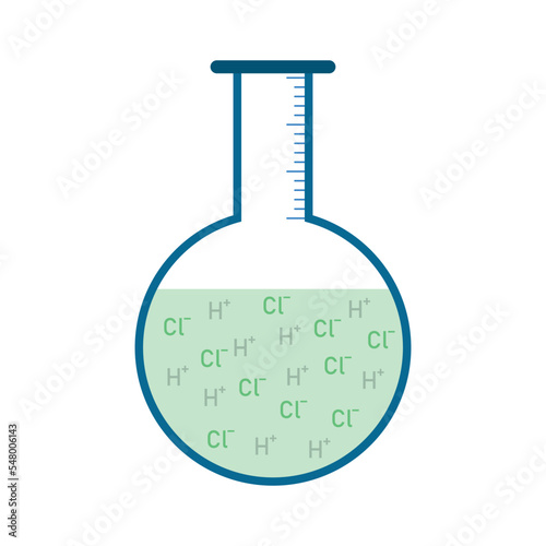 Hydrochloric acid (HCl) dissolving into water and ionizing in laboratory glass. Scientific vector illustration isolated on white background.