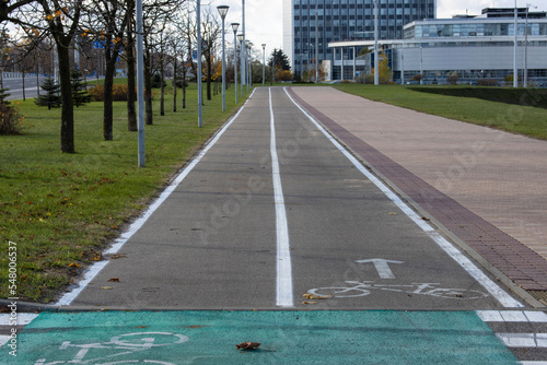 Asphalt bike path running along the paved sidewalk and separated by markings. Empty streets of an deserted city