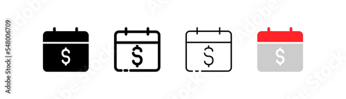 Calendar with dollar set icon. Time to pay taxes for utilities, money bag, income and real estate taxes, evasion, society, duty, charge. Salary concept. Four vector icon in different styles