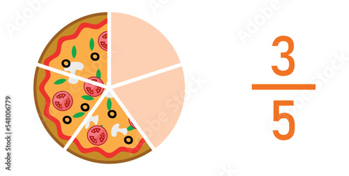 Three fifths pizza fractions. Fraction for kids. Pizza slices. Fraction fun with pizza. vector illustration isolated on white background.