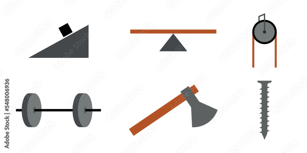 Simple machines. Lever, pulley, inclined plane, wheel and axle, screw
