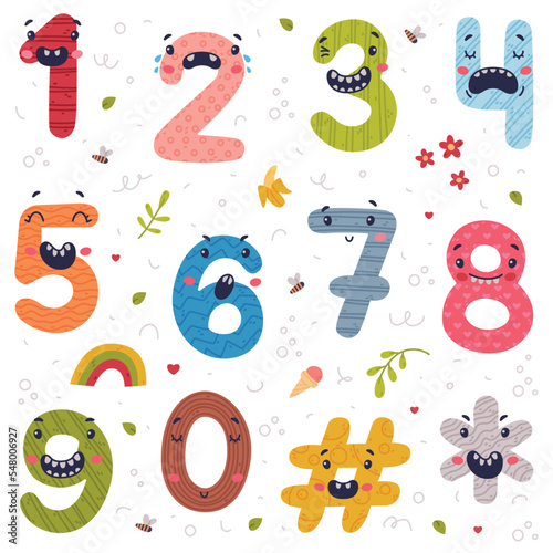 Set of cute colorful number characters set. Childish bright colorful numerals, math, education symbols cartoon vector illustration