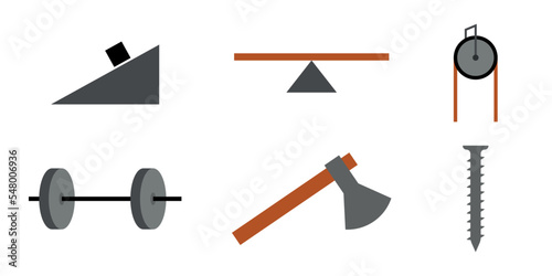 Simple machines. Lever, pulley, inclined plane, wheel and axle, screw and wedge. Science experiment. Vector illustration isolated on white background.