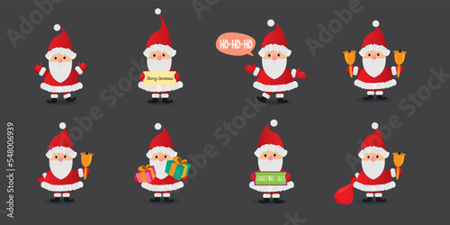 Vector christmas Santa Claus big set with santa holding gifts, secret santa , red hat , christmas tree, presents, sale banner and white beard isolated on grey background. Christmas design element