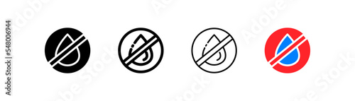 No Drop set icon. Liquid, magnifier, drinking, evaporation, man, thirst, no entry with water. Save the water. Beverage concept. Four vector icon in different styles on a white background