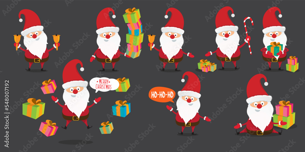 Vector christmas Santa Claus big set with santa holding gifts, secret santa , red hat , christmas tree, presents, sale banner and white beard isolated on grey background. Christmas design element Vector christmas Santa Claus big set with santa holding gifts, secret santa , red hat , christmas tree, presents, sale banner and white beard isolated on grey background. Christmas design element