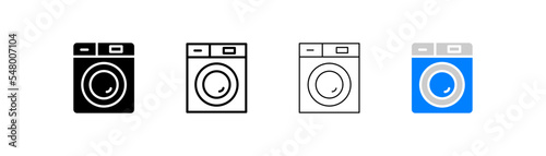 Washing machine set icon. Household appliances, wash, dirty laundry, bed sheets, setn, water, powder, soap, clothes. Cleaning concept. Four vector icon in different styles on a white background photo