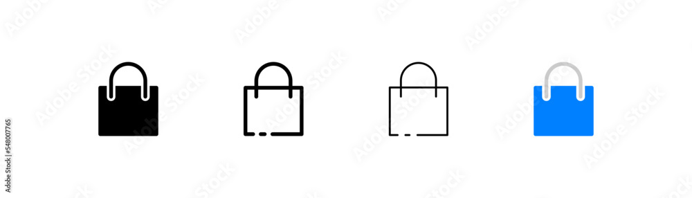 Shopping items set icon. Shopping cart, bag, package, discount sticker, label, buy, purchase, shop, store, customer, packet. Sale concept. Four vector icon in different styles on a white background Shopping items set icon. Shopping cart, bag, package, discount sticker, label, buy, purchase, shop, store, customer, packet. Sale concept. Four vector icon in different styles on a white background