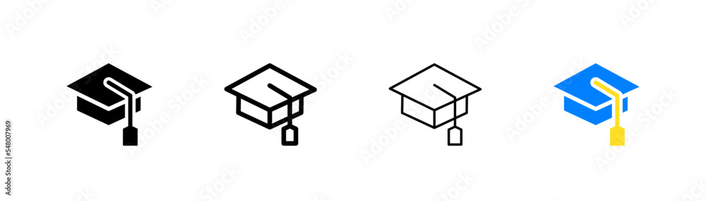 Academic cap set icon. Onset, computer, textbook, e book, internet, worldwide, stay home, student, headphones, laptop. Learning concept. Four vector icon in different styles on a white background Academic cap set icon. Onset, computer, textbook, e book, internet, worldwide, stay home, student, headphones, laptop. Learning concept. Four vector icon in different styles on a white background