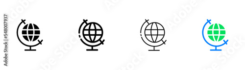 Geography set icon. Globe, world, orbit, axis, equator, earth, setting, space, geolocation, cosmos, universe. Topography concept. Four vector icon in different styles on a white background