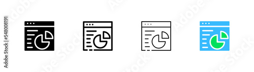 Website for statistical set icon. Analysis, audience analytics, bar, pie, flipchart, growth, arrow up, visual aid. Business concept. Four vector icon in different styles on a white background