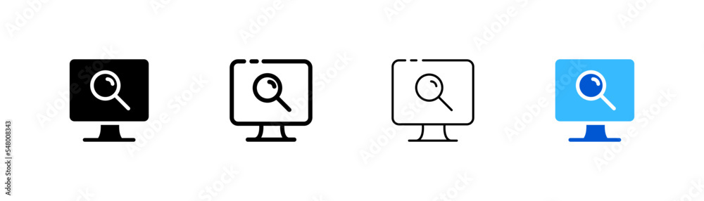 Computer monitor with magnifier set icon. Onset, search, research, employee, work, job, secretary. Business concept. Four vector icon in different styles on a white background