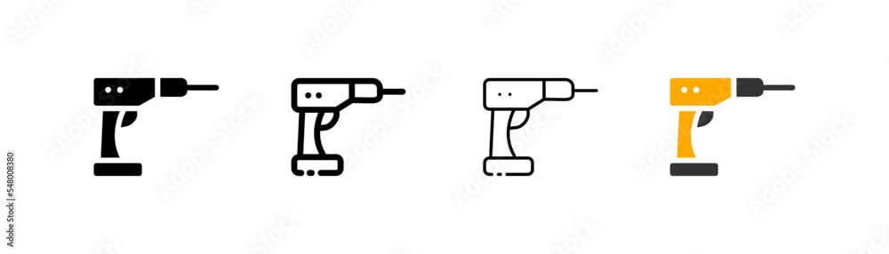 Drill set icon. Construction, Hammer, wrench, hard hat, safety helmet, barrier. Builder concept. Four vector icon in different styles on a white background