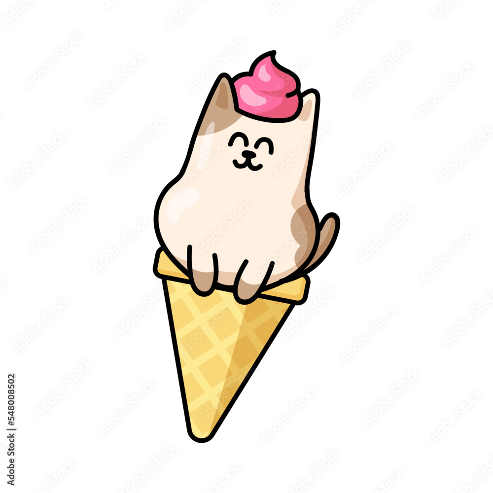 Cute cat ice cream sticker. Kitty in waffle cone with whipped raspberry cream on head. Happy animal cartoon character vector design for advertising. Summer, taste and food concept Cute cat ice cream sticker. Kitty in waffle cone with whipped raspberry cream on head. Happy animal cartoon character vector design for advertising. Summer, taste and food concept