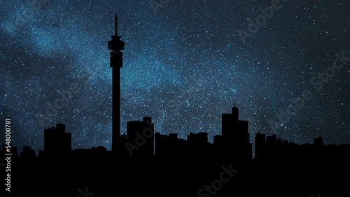 South Africa: Johannesburg city skyline by Night, Time Lapse with Stars and Milky Way in Background