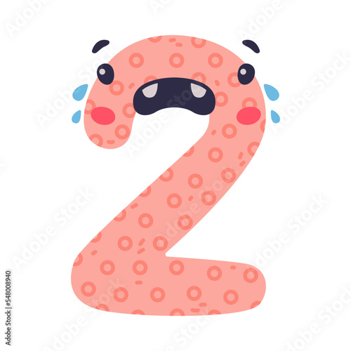 2 cute funny number character. Two comic childish pink numeral, math symbol cartoon vector illustration