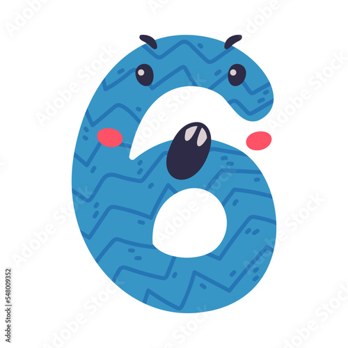 6 cute funny number character. Six comic childish bright blue numeral, math symbol cartoon vector illustration