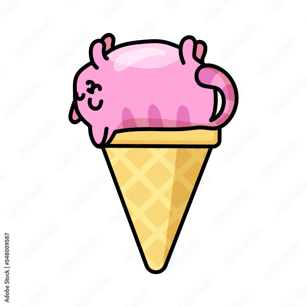 Cute crimson cat ice cream sticker. Kawaii kitties in waffle cone. Happy animal cartoon character vector design for advertising. Summer, taste and food concept