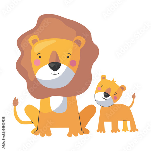 Animal lion mom and baby  cute cartoon family. Vector illustration of animal happy parent and small child. Motherhood concept