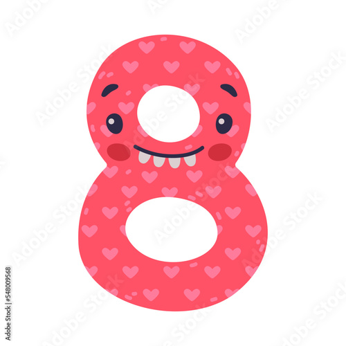 8 cute funny number character. Eight comic childish bright numeral, math symbol cartoon vector illustration