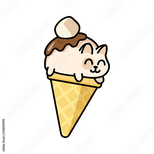 Cute cat chocolate glaze ice cream sticker. Kawaii kitties in waffle cone. Happy animal cartoon character vector design for advertising. Summer, taste and food concept