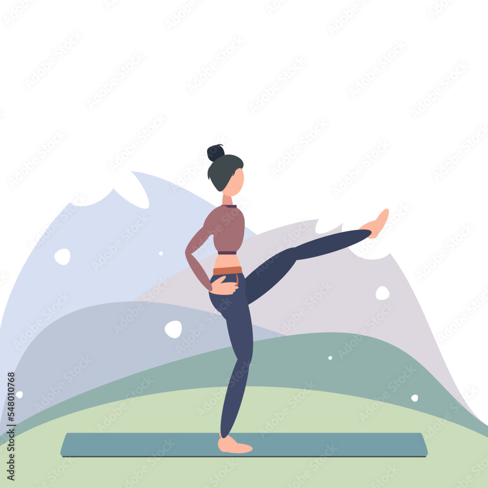 A woman in the mountains does yoga in a standing position with her leg raised. Can be used for poster, banner, postcard.
