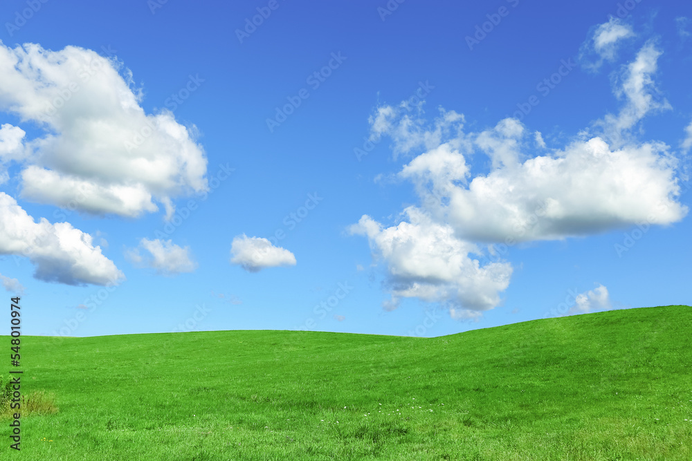 Green grass field and blue sky with clouds, aesthetic nature background. Idyllic grassland, summer or spring landscape, green countryside fields, blue sky cloudy, bright environmental nature