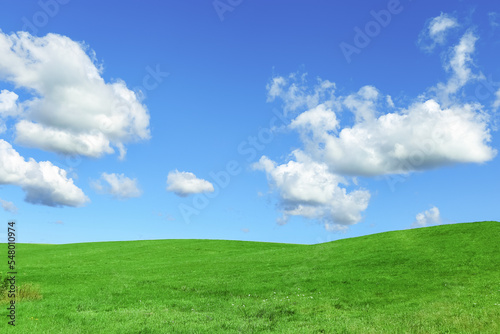 Green grass field and blue sky with clouds, aesthetic nature background. Idyllic grassland, summer or spring landscape, green countryside fields, blue sky cloudy, bright environmental nature photo