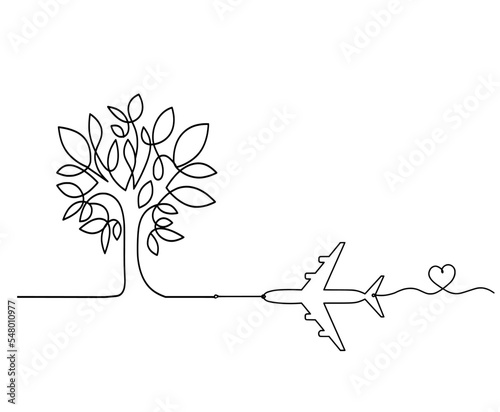 Abstract tree with plane as line drawing on the white background. Vector
