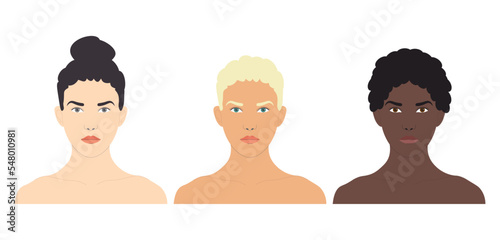 Three women with different color of skin, hair and eyes, they have different hairstyles and hair length, vector isolated on white background.