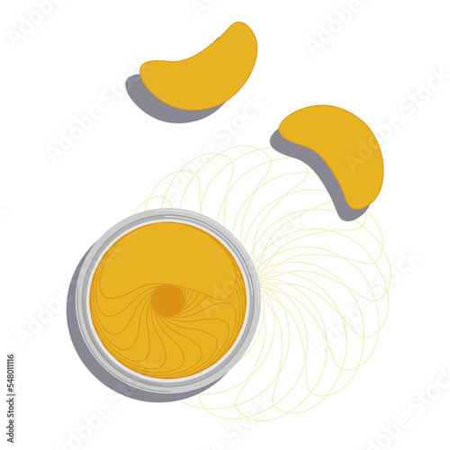 Cosmetic face care, gold face patches and jar with material, vector isolated on white background.