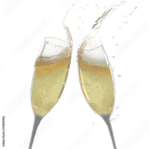 Two glasses of champagne in a splashing brindisi during new year's eve or holidays celebrations, transparent, suggested use on dark backgrounds for holidays compositions.
