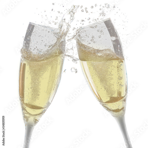 Two glasses of champagne in a splashing brindisi during new year's eve or holidays celebrations, transparent, suggested use on dark backgrounds for holidays compositions. photo