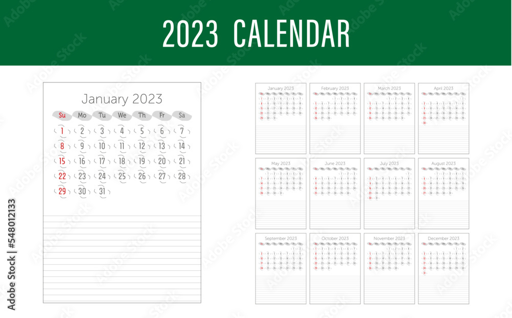 Kalendarz 2023 kalendarium nowy rok planner lata czas planować książka wydruk wektor styczeń luty marzec kwiecień maj czerwiec lipiec sierpień wrzesień listopad grudzień - obrazy, fototapety, plakaty 