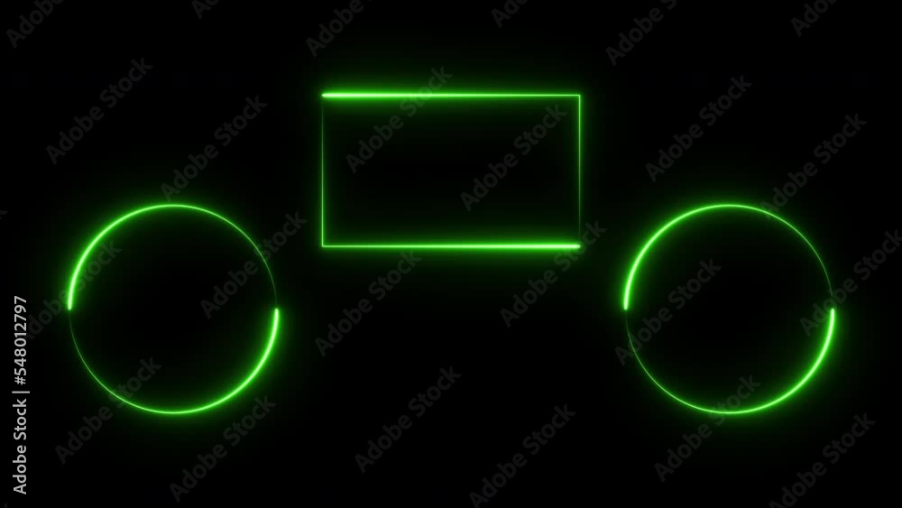 Glowing neon green circles or rectangle animated on black background. Seamless loop video Glowing neon green circles or rectangle animated on black background. Seamless loop video