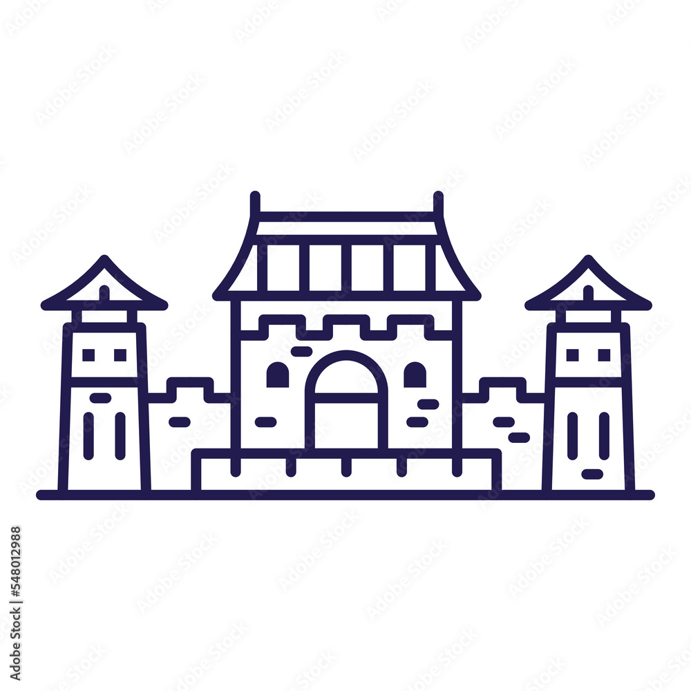 Asian Castle or Palace Icon in Line Art