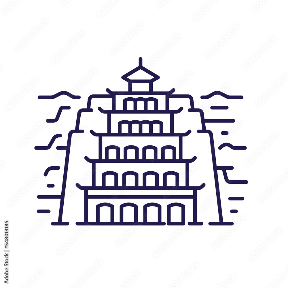 Asian Rock Cut Temple or Palace Icon in Line Art