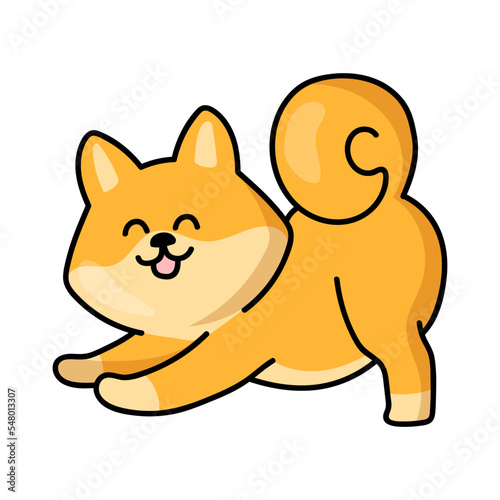Kawaii anime dog pulls up does exercises  puppy sticker. Funny dog cartoon character vector illustration for comics. Japanese manga  art and culture concept