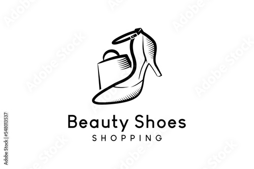 Beauty shoe and shopping bag logo design in hand drawn style