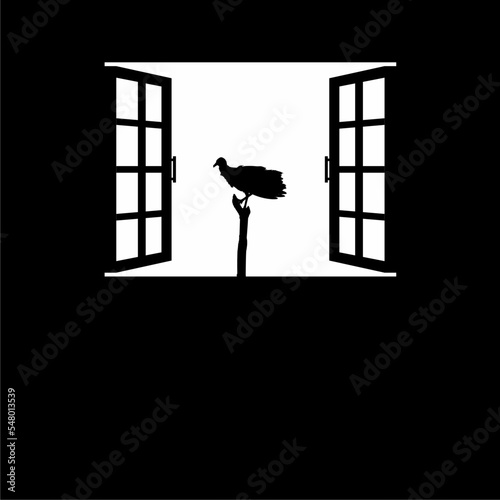 Black Vulture Bird on the Window Silhouette. Creepy, Horror, Scary, Mystery, or Crime Illustration. Illustration for Horror Movie or Halloween Poster Design Element. Vector Illustration