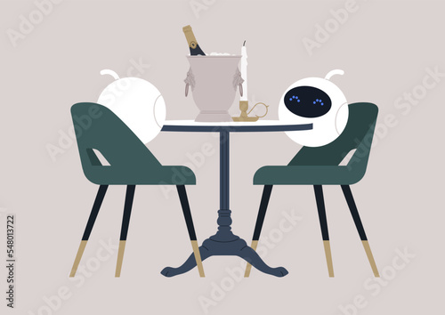 Two robots on a date in a restaurant, a romantic scene