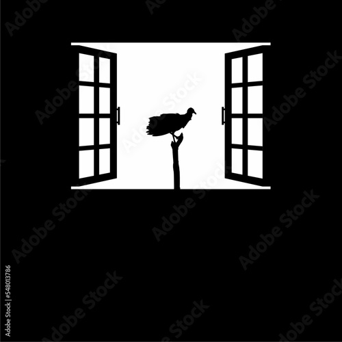Black Vulture Bird on the Window Silhouette. Creepy, Horror, Scary, Mystery, or Crime Illustration. Illustration for Horror Movie or Halloween Poster Design Element. Vector Illustration