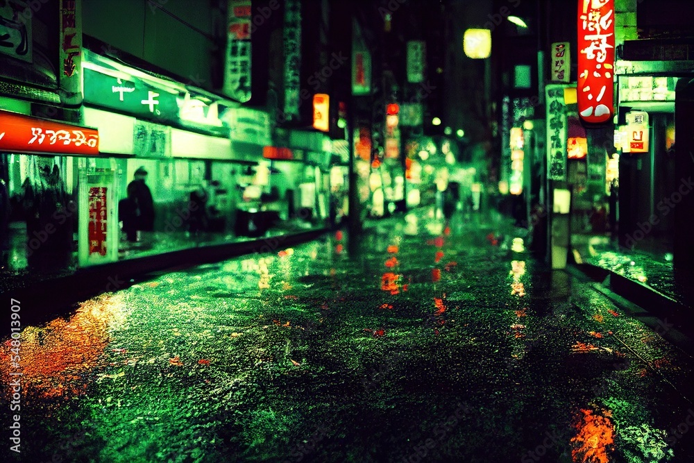 Fototapeta premium Wet Tokyo streets at night with green neon lights, blurred background