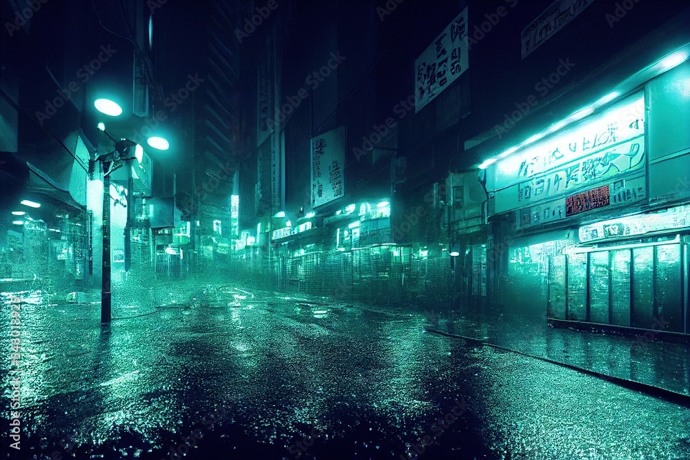 Wet Tokyo streets at night with light blue neon lights, abstract